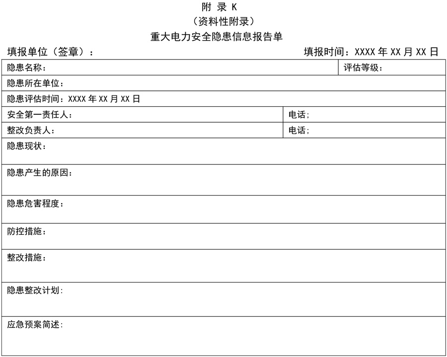 附錄K：重大電力安全隱患信息報告單
